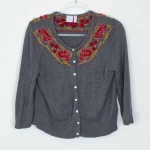 J. Jill Gray Embroidered Rose Beaded Button Cardigan Sweater Womens S Petite